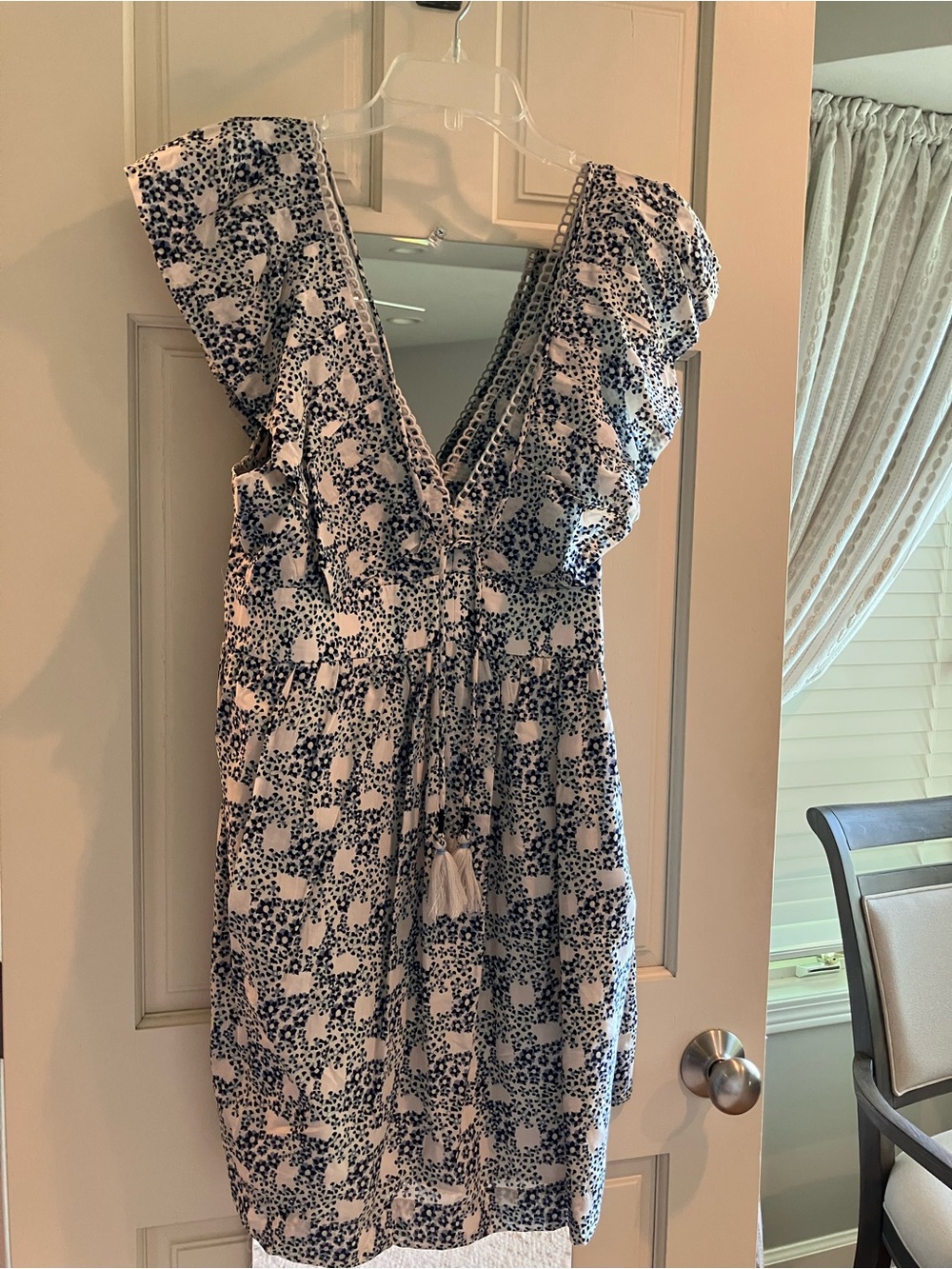 Anthropologie White and Navy Floral V-Neck Dress